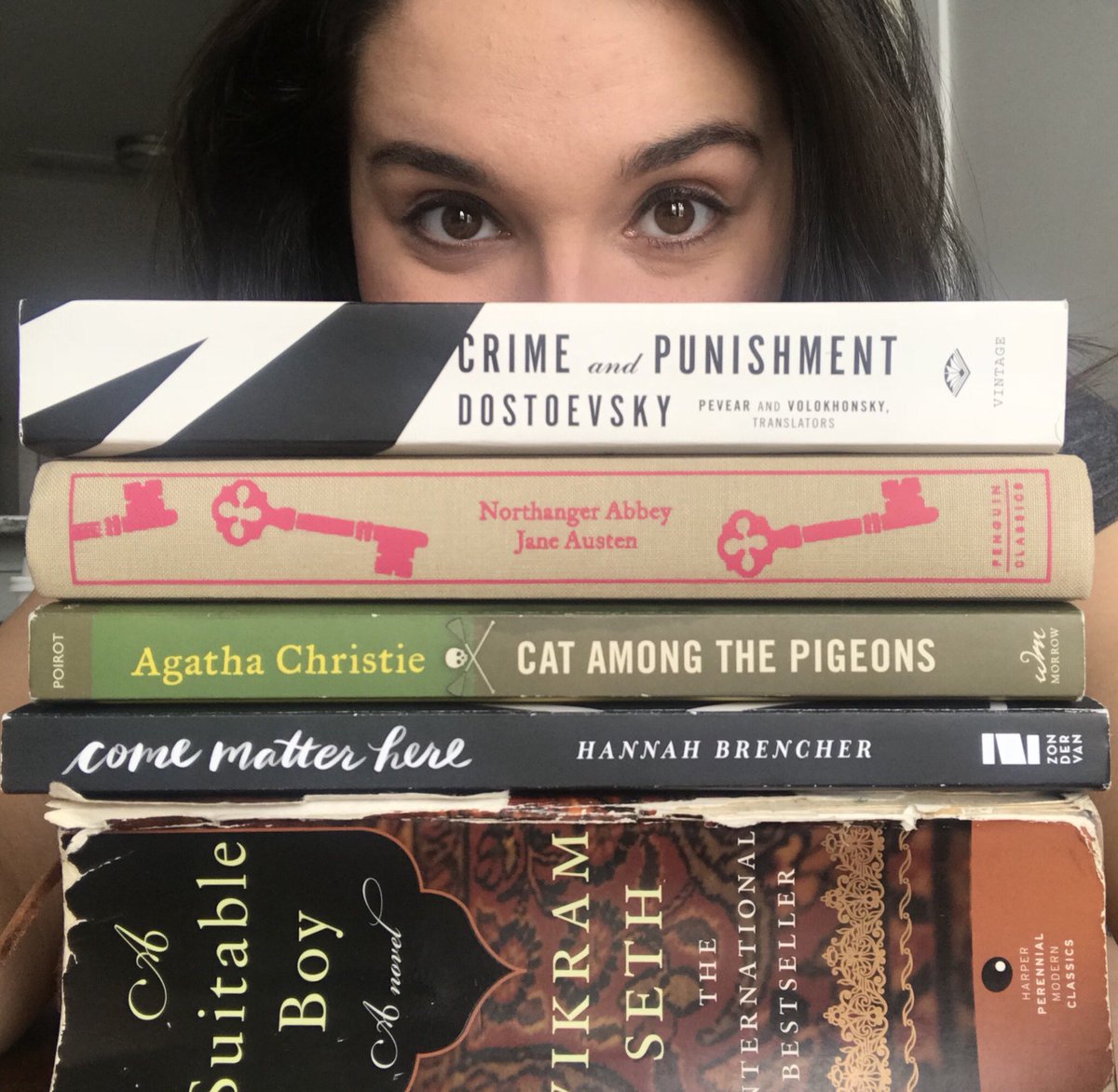 KayleeRutland's tweet photo. Happy #BookLoversDay! I’m totally *that person* who reads tons of books at once, so here’s what I’m reading today. What’s your latest favorite read? 📚📖
#CrimeAndPunishment #NorthangerAbbey #CatAmongThePigeons #ComeMatterHere #ASuitableBoy @hannahbrencher https://t.co/8f0ndLsD2F