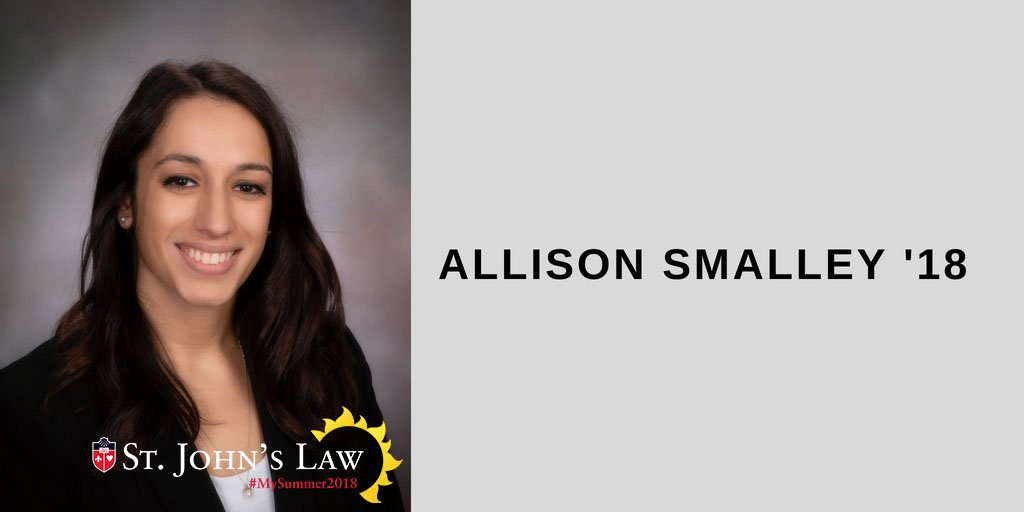 StJohnsLaw's tweet photo. As the #NYC summer heat waves on, Allison Smalley '18 is launching her career at the @ManhattanDA, joining a long line of #StJohnsLaw alumni who have proudly served the office and its #publicsafety mission #MySummer2018 https://t.co/YncdHty3qY