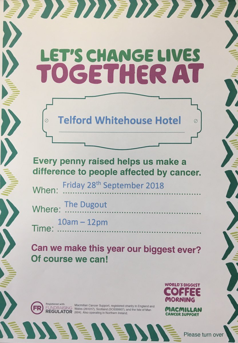 TelfordHotel's tweet image. Looking for any stall holders that would like to join us for our Macmillan Coffee Morning. Please contact sales@telwhitehouse.com