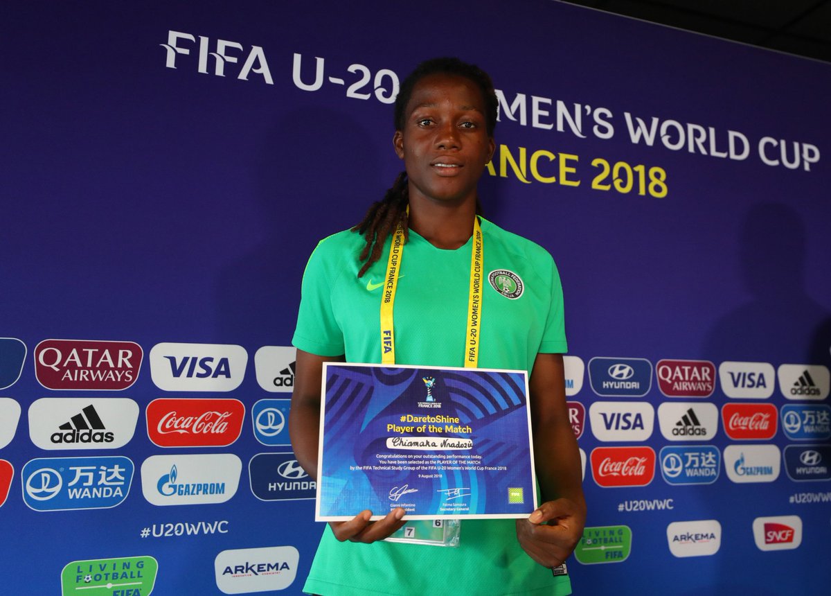 Rasheedat08's tweet photo. A big big 🙌🏿to our senior goalkeeper Chiamaka Nnadozie for a 10/10 peformance today 👌🏿✨ Deserved the Player of the Match 💚🇳🇬💚 👏🏿👏🏿👏🏿#U20WWC #DareToShine #Togetherwearestronger #RA08 #Team9jaStrong #womeninfootball https://t.co/5URd82zeUL