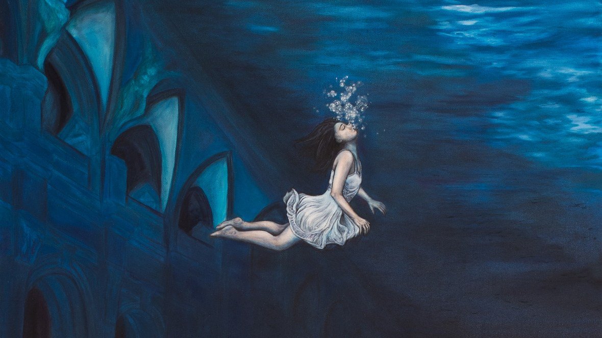 A girl floats through water, breathing out bubbles, in a crop of one of Laura Thipphawong's paintings.