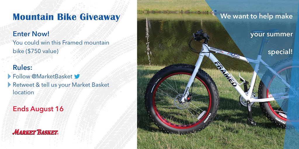 MarketBasket's tweet image. 📢Attention shoppers—We’re giving away a Framed mountain bike ($750 value) to one lucky customer! Thank you for the bike @AQUAhydrate @markwahlberg! We’ll DM the winner on 8/17. Details: bit.ly/2vvD7v2

Rules:
1) Follow us
2) RT &amp;amp; tell us your Market Basket location