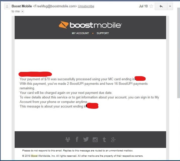 GinnySnap's tweet photo. @BoostCare I was sent BoostMobile purchase confirmation emails 4 someone who is not me. (I'm w another provider) Not only did the company somehow obtain my email address w/o my knowledge but also sent me private information of another customer!! And my call was handled poorly! https://t.co/A6hN7nX5Uu