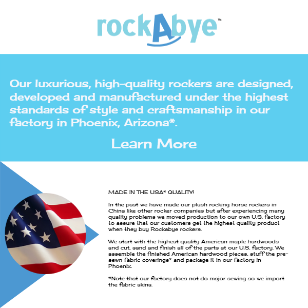 Our rockers are the best in the world! Learn about the amazing features that come with every rocker! Rockabye.com #BabyRockingHorses #BabyRockingHorses #PlushRockers #toys #baby #toddler