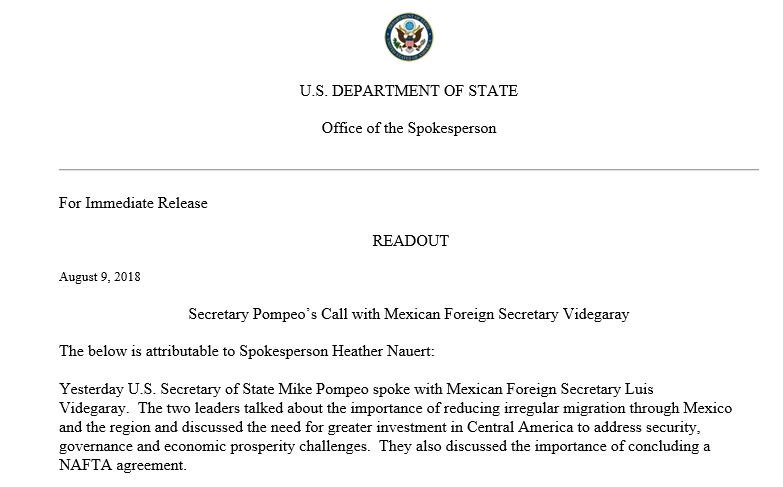 Secretary Pompeo’s Call with Mexican Foreign Secretary Videgaray
