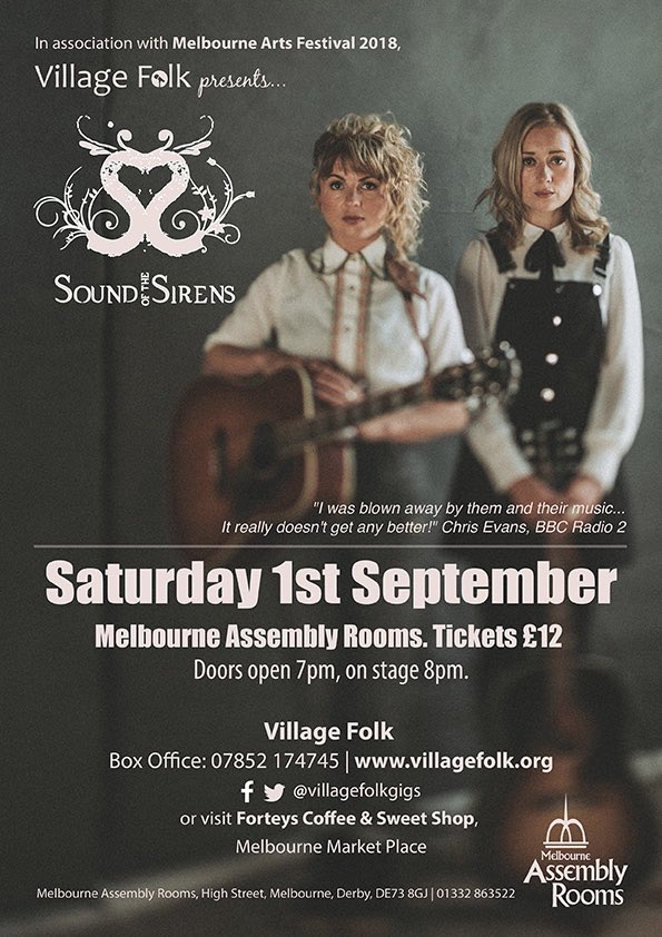 villagefolkgigs's tweet photo. 🎶Kicking off the first gig of our new season is #folkrock duo @soundothesirens at this year's @MelbourneFest! Sat 1 Sept at #MelbourneAssemblyRooms #folk #Derbyshire https://t.co/eQokNzDwuW https://t.co/KqKBCdr9dh