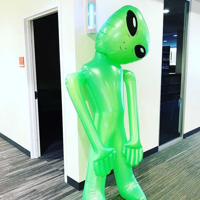 macphaidin_lib's tweet photo. #Libralien has returned to the #Library after an intergalactic library mission. Might he be gearing up to record a new #podcast? #stonehillcollege #Stonehill #StonehillLibrary #construction https://t.co/RdfwaX1L71