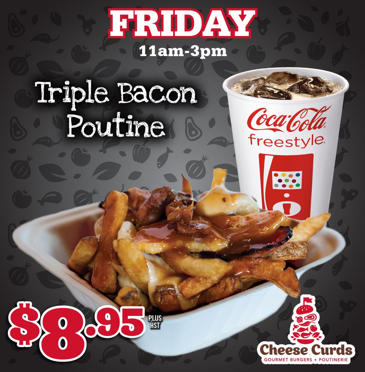 CheeseCurds's tweet photo. Two awesome things about today; it's Friday, and bacon! Enjoy our lunch ruch special from 11am - 3pm at all our locations.
#triplebaconpoutine #bacon #poutine #lunch #Halifax #LarryUteck #ClaytonPark #Dartmouth #Truro #Oromocto https://t.co/eJNFBxbfc1