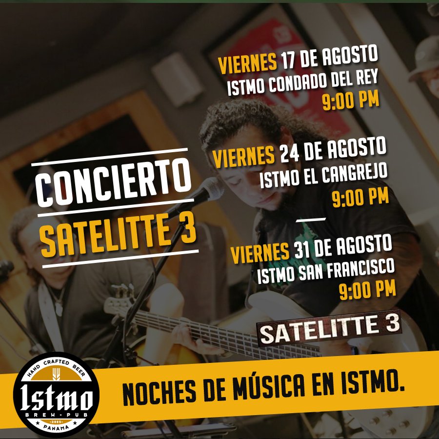 istmobrewpub's tweet photo. ¿Quieres buena música? 🎶🎸 ven a ver a @satelitte3 en concierto 🎤 este mes en nuestros pub:
🎼 Viernes 17 - Condado del Rey
🎼 Viernes 24 - El Cangrejo
🎼 Viernes 31 - San Francisco
#Istmobrewpub #Istmo #MusicaenVivo #MusicLife #Concierto #Panamá #ThePanamaLife #CoverBand https://t.co/NKRQJUn9He