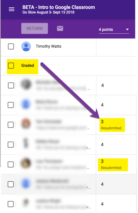 alicekeeler's tweet photo. In new #googleClassroom when students resubmit work it is HIDDEN in the graded pile at the bottom. Please send feedback to have resubmitted be it's own category. "Turned In" "Resubmitted" "Assigned" "Graded" #googleEDU https://t.co/vTegkb4Lcq