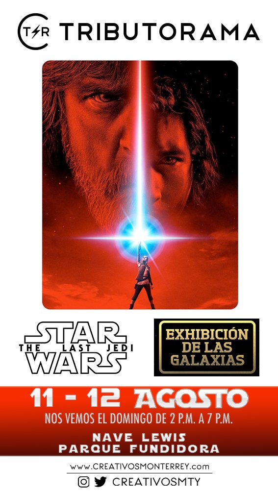 CreativosMty's tweet photo. Seguimos este 11 y 12 de agosto en la #exhibiciondelasgalaxias #Tributorama - #StarWars: #TheLastJedi con 40 obras! Estaremos en la Nave Lewis por la tarde a partir de las 2p.m. dentro del #ParqueFundidora
https://t.co/R4kEBspInA
#guerradelasgalaxias #parquefundidora #cintermex https://t.co/vEdKRjr5lG