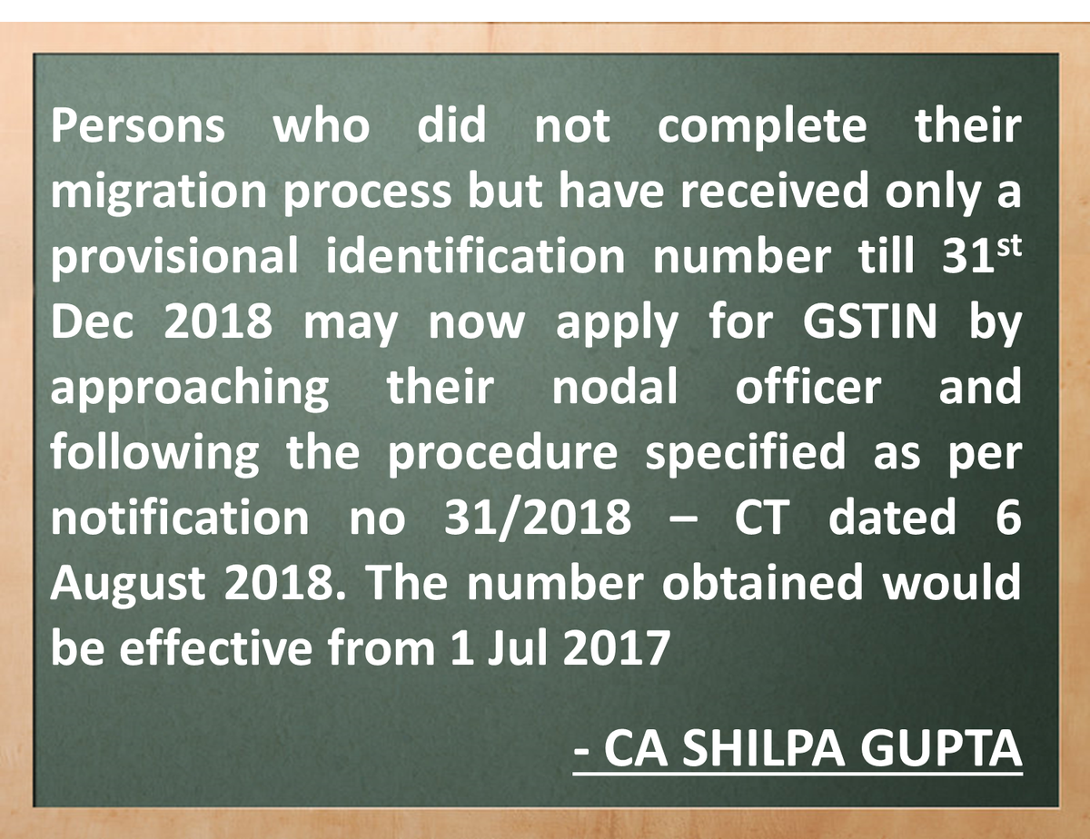 CAShilpaGupta1's tweet photo. Opportunity for dealers to complete their hashtag #GSTregistrationprocess in case if they were allotted provisional Identification number till 31st December 2017 but could not migrate under GST till then https://t.co/QHsD5RGHnH