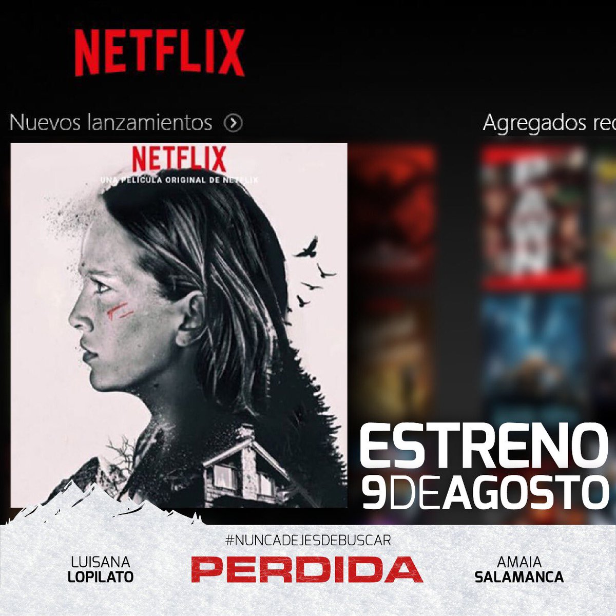 Perdidalapeli's tweet image. #NuevoLanzamiento
Para vos desde HOY #Perdida en @netflixlat #NuncaDejesDeBuscar #TodoLlega @lulopilato @Furtado_Nico @fetcheves @orisabatini @miliroquepitt @JulianSerrano01 @AxelKuschevatzk