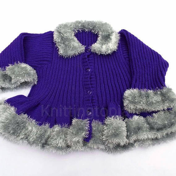 Girls purple cardigan - fluffy silver trim - 30 inch chest #Folksy dld.bz/g8vM6 #newonfolksy  #atsocialmedia #tweetuk #uksmallbiz #handmade #eshopsUK #tweeturbiz #handknits #girlscardigan #girlsknitwear #knitwear