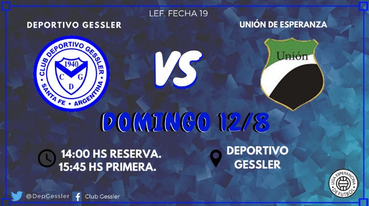 Este domingo juega Deportivo Gessler nuevamente de local⚽⚽  Todos a la cancha a alentar al Club de nuestro pueblo💙💙 Vamos C.D.G!!⚪🔵⚪