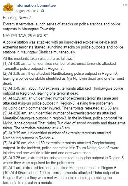 Aug 25, 2017 Breaking NewsA police station was attacked with an improvised explosive device and extremist terrorists started launching attacks on police outposts and police stations in  #Maungtaw simultaneously.Detail here  https://bit.ly/2xhZINh&nbsp;