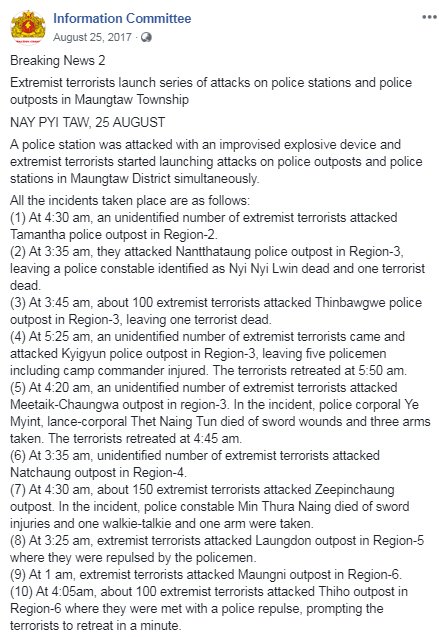 Aug 25, 2017 Breaking NewsA police station was attacked with an improvised explosive device and extremist terrorists started launching attacks on police outposts and police stations in  #Maungtaw simultaneously.Detail here  https://bit.ly/2xhZINh 