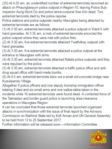 Aug 25, 2017 Breaking NewsA police station was attacked with an improvised explosive device and extremist terrorists started launching attacks on police outposts and police stations in  #Maungtaw simultaneously.Detail here  https://bit.ly/2xhZINh&nbsp;