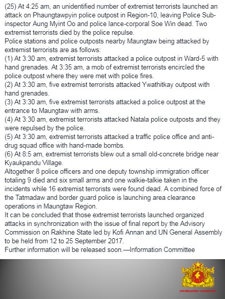 Aug 25, 2017 Breaking NewsA police station was attacked with an improvised explosive device and extremist terrorists started launching attacks on police outposts and police stations in  #Maungtaw simultaneously.Detail here  https://bit.ly/2xhZINh 