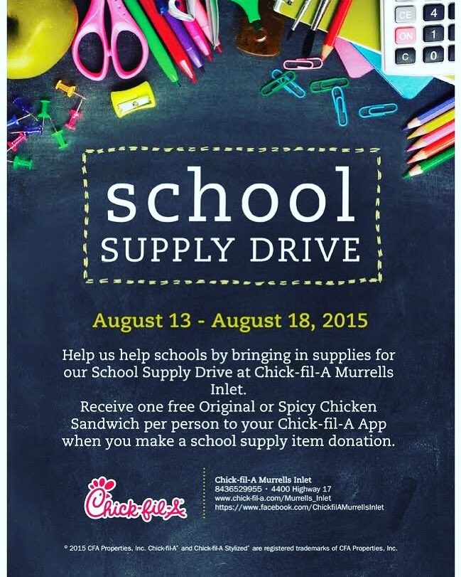 CFAatMurrells's tweet photo. Chick-fil-A Murrells Inlet is hosting a Back To School Drive, August 13-18! Come by with school supply items, provide your name to one of our Team Members, and then place the items in our donation box. You will receive per person one free Original or Spicy Chicken Sandwich! https://t.co/8dOewWJJjC