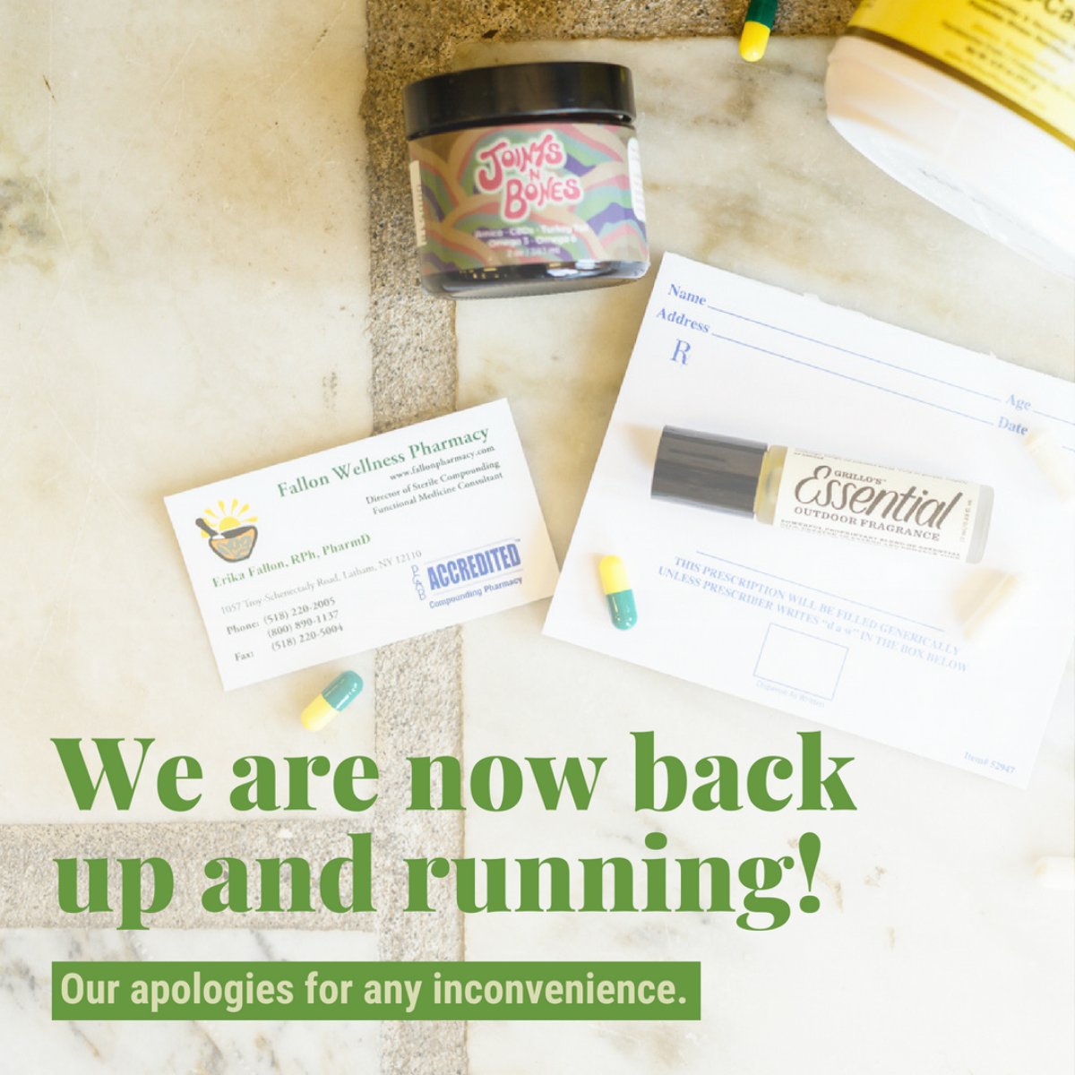 FallonWellness's tweet image. Due to a recent system shutdown, we are slightly delayed on orders at this time. We will have everything back up-to-speed shortly!
