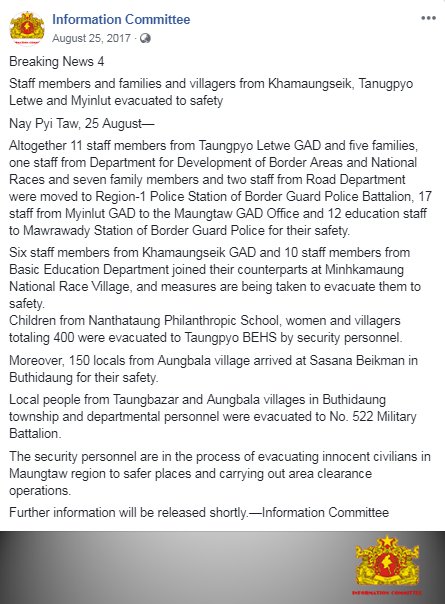 Aug 25, 2017, Breaking NewsStaff members and families and villagers from Khamaungseik, Tanugpyo Letwe and Myinlut evacuated to safety