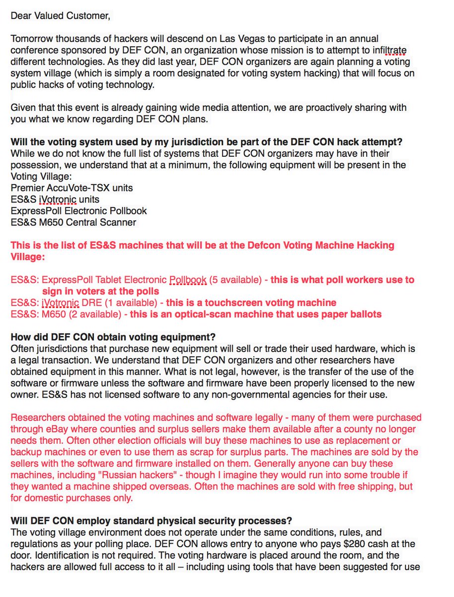 KimZetter's tweet photo. In advance of the @VotingVillageDC tomorrow, ES&amp;S sent a message to customers today with their comments about the hacking village and the security of their machines. I've pasted their memo below, with some annotation from me. https://t.co/6eQUYuuGJA