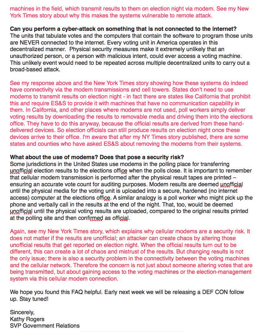 KimZetter's tweet photo. In advance of the @VotingVillageDC tomorrow, ES&amp;S sent a message to customers today with their comments about the hacking village and the security of their machines. I've pasted their memo below, with some annotation from me. https://t.co/6eQUYuuGJA