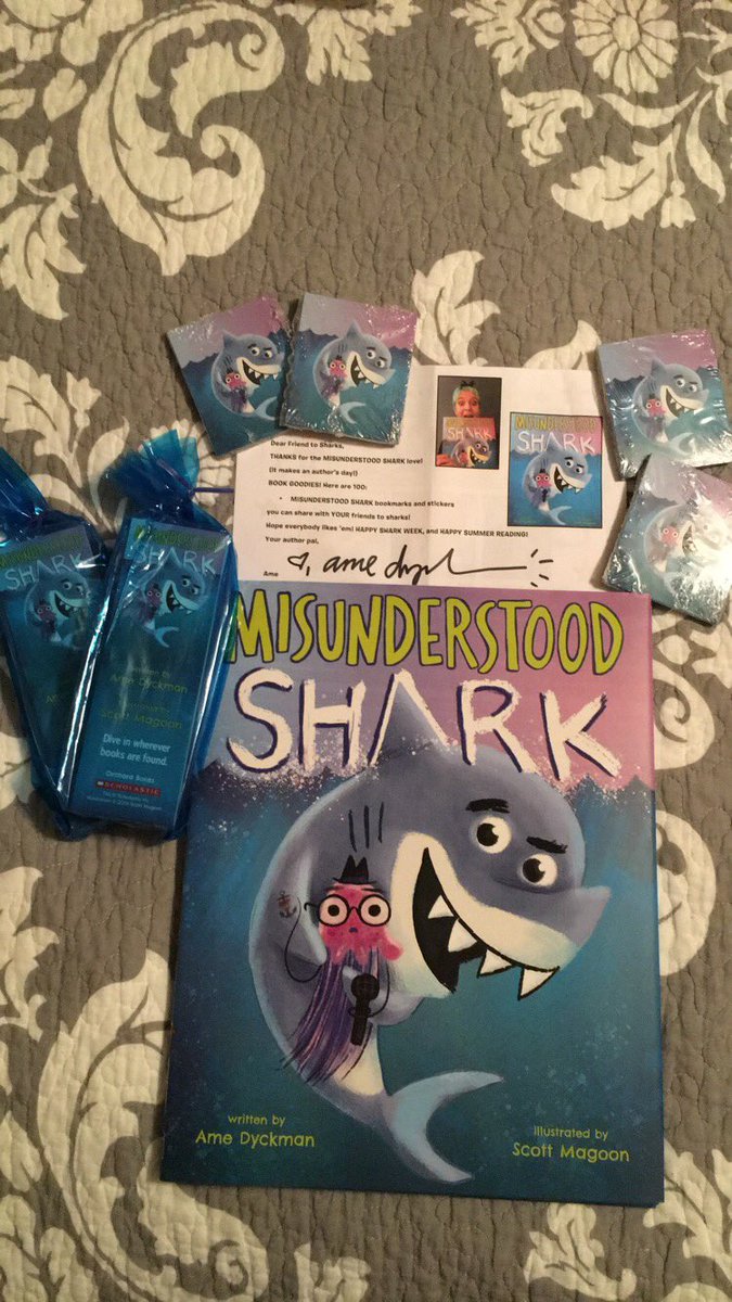 So excited!  A huge thank you to @AmeDyckman for the awesome book goodies to share with my students. #MisunderstoodShark #SwagBag #ElementaryLibrary #BookGoodies #backtoschool @smagoon