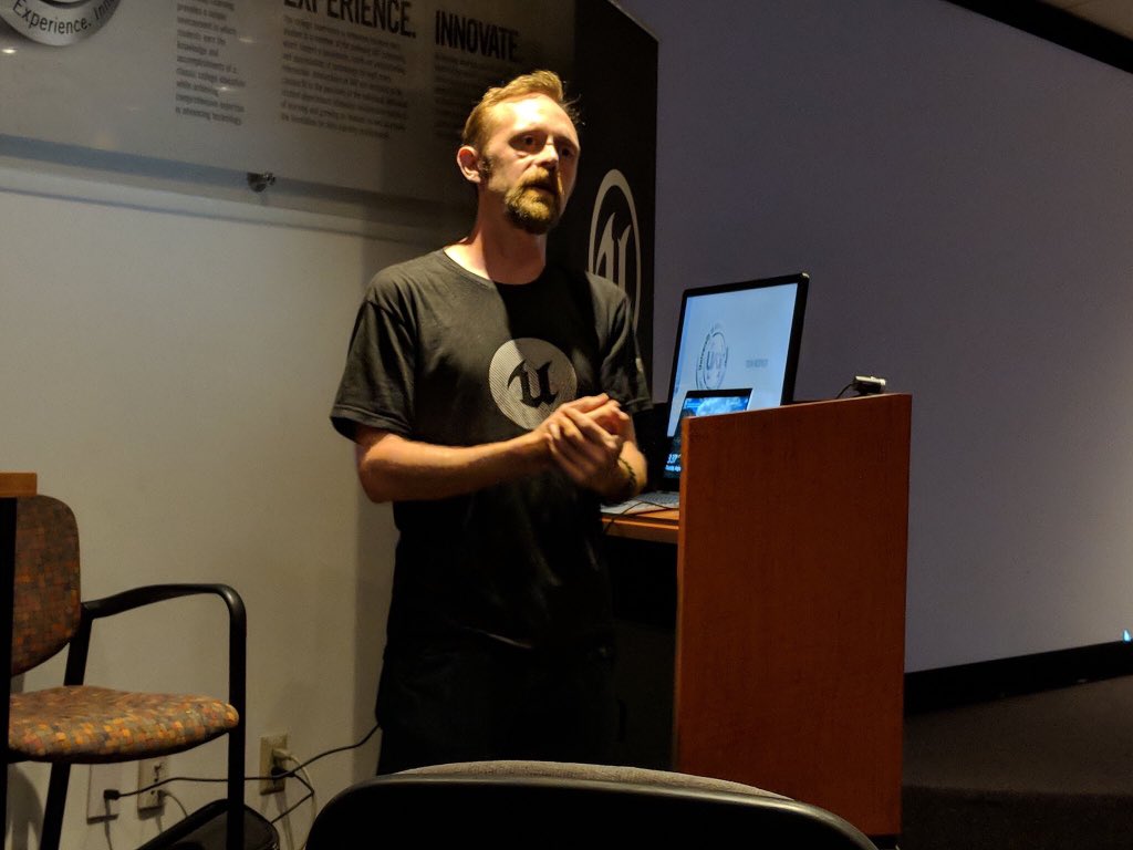 Serellan's tweet photo. Some great (and amusing) pics from today’s Q&amp;A at @UATedu. Excellent questions about #UE4, #gamedev, and #indiedev. Engaged students and staff are always fun to interact with. https://t.co/5olm8LRpJr