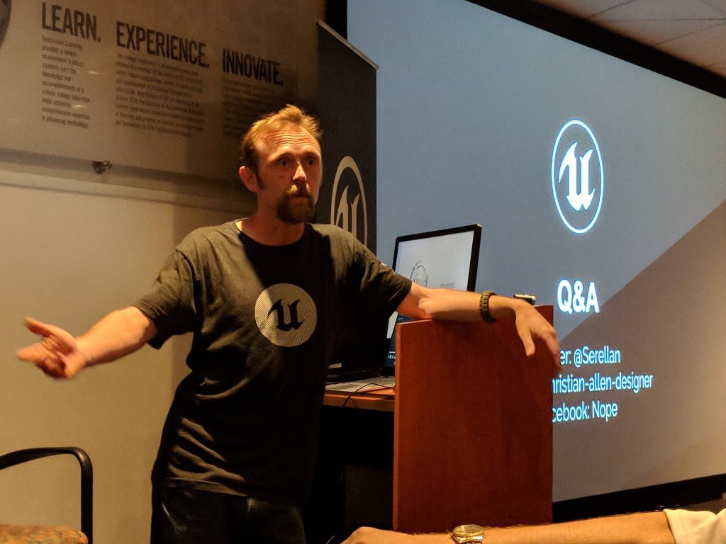 Serellan's tweet photo. Some great (and amusing) pics from today’s Q&amp;A at @UATedu. Excellent questions about #UE4, #gamedev, and #indiedev. Engaged students and staff are always fun to interact with. https://t.co/5olm8LRpJr
