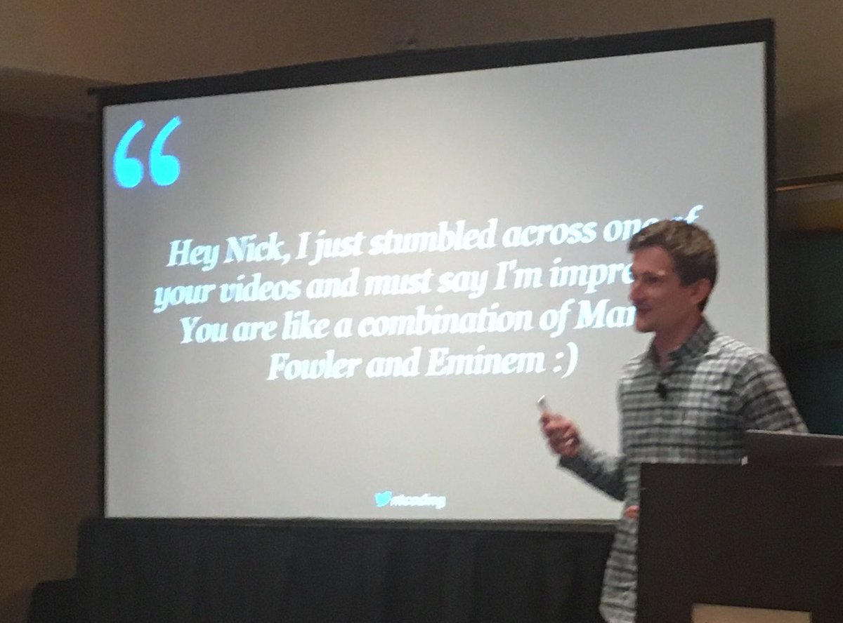 sebrose's tweet image. “Hey @ntcoding, I just stumbled across one of your videos and must say I’m impressed. You are like a combination of Martin Fowler and Eminem” #humility #Agile2018