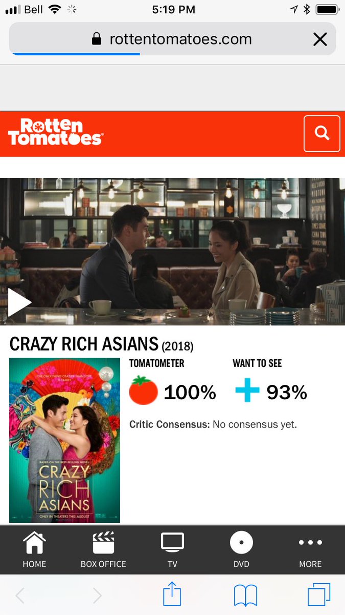 LaineyGossip's tweet photo. The embargo has been lifted. And currently #CrazyRichAsians ⁦@CrazyRichMovie⁩ has a 100% fresh rating on ⁦@RottenTomatoes⁩! It’s rom-com season. Get some crazy rich Asian romance in your life - go see it! https://t.co/2EctG9p1j9