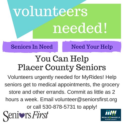 Call today to help your senior neighbors who are unable to drive. Call 530-878-5731 for more information.