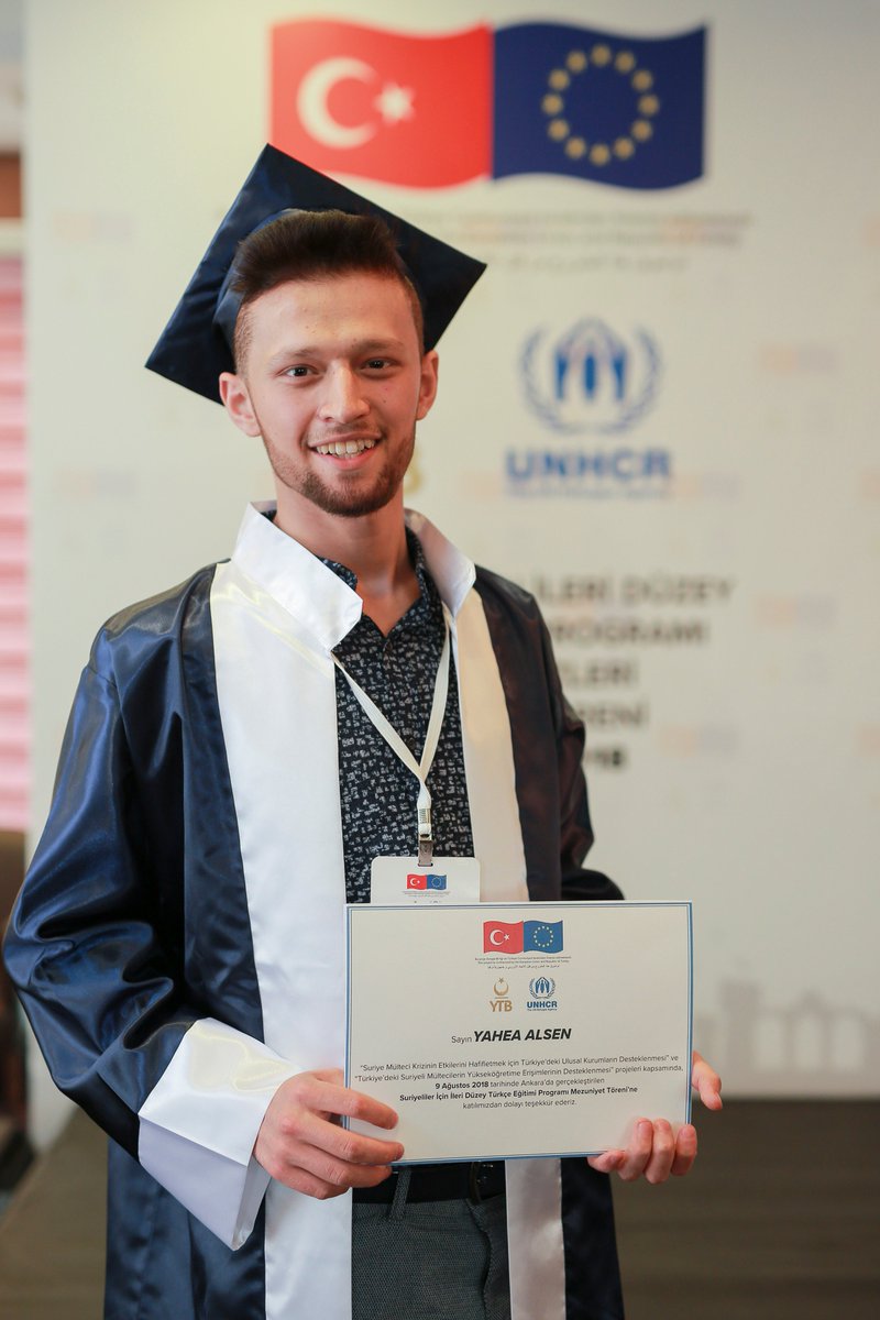 UNHCRTurkiye's tweet photo. Meet Yahea! Thanks to the cooperation between UNHCR, YTB &amp; the EU he has successfully completed the advanced Turkish language programme&amp;will study computer engineering. He says that through this programme, he is now more engaged with the Turkish culture&amp;will focus on his studies. https://t.co/4rTUpCPiUA