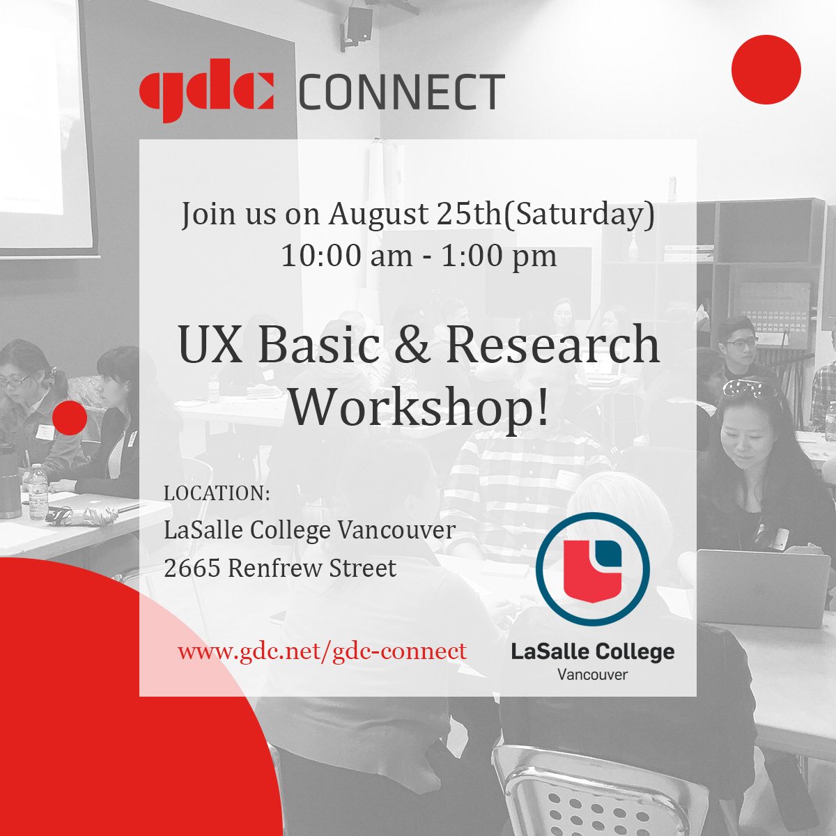 gdcbc's tweet image. Want to know more about UX design? Please join us at our first Connect Workshop for UX Basic and Research on 25th August. Limited seats only. Get your ticket now at gdc-connect2018.eventbrite.ca. @LCI_Vancouver #ux #workshop #research