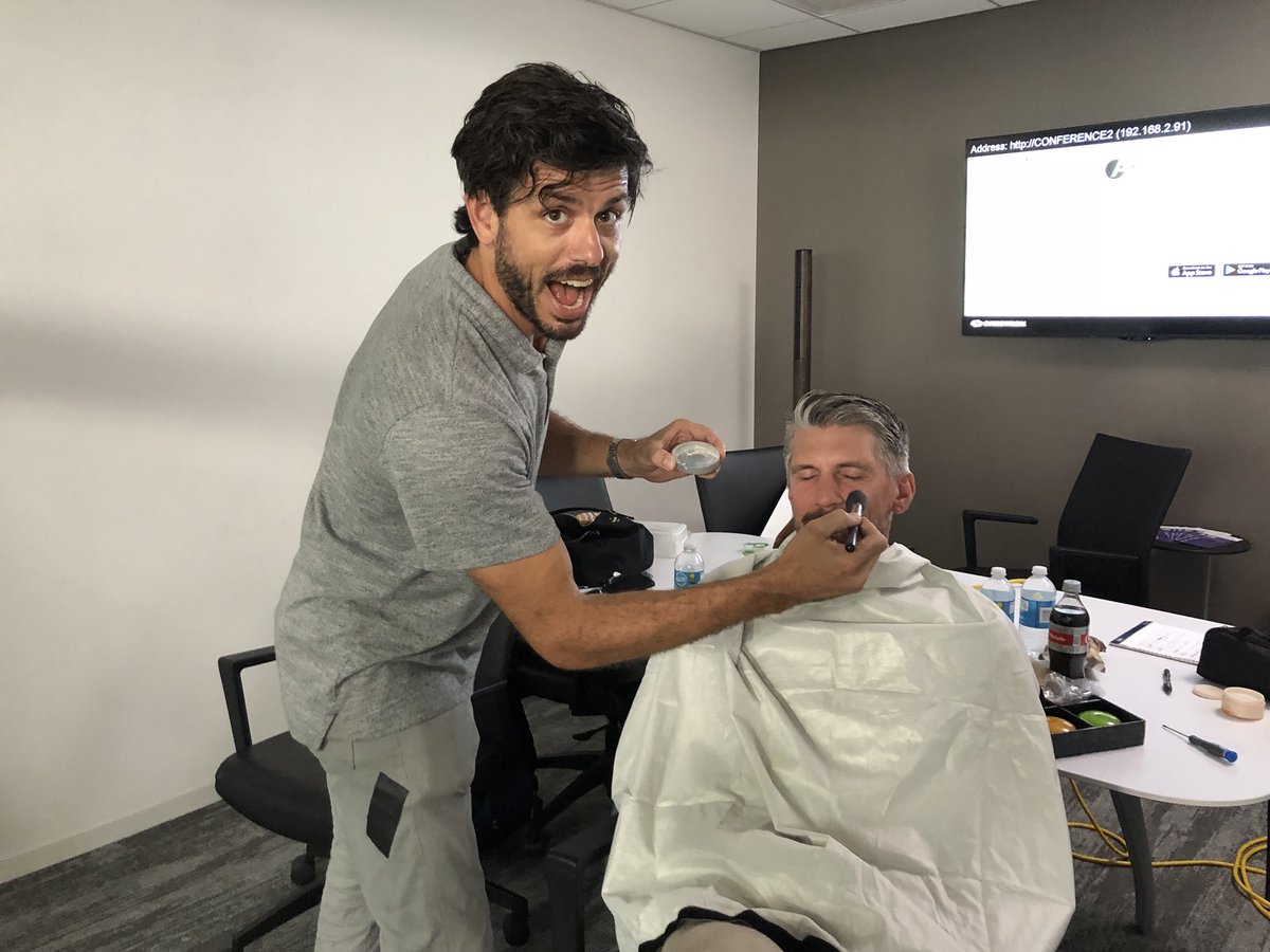 HatpostPro's tweet photo. Since first meeting at @DePauwU in 1993, graduating as @DePauwMeFe in 1997 and working at @HatpostPro since 1998, this has secretly been a dream of @Hatpost1 — to put makeup on Dave. Giddy up Gabe, dreams do come true!
#hatpost #video #makeupartist #SetLife #Production #goals https://t.co/rhdgW6fyHD