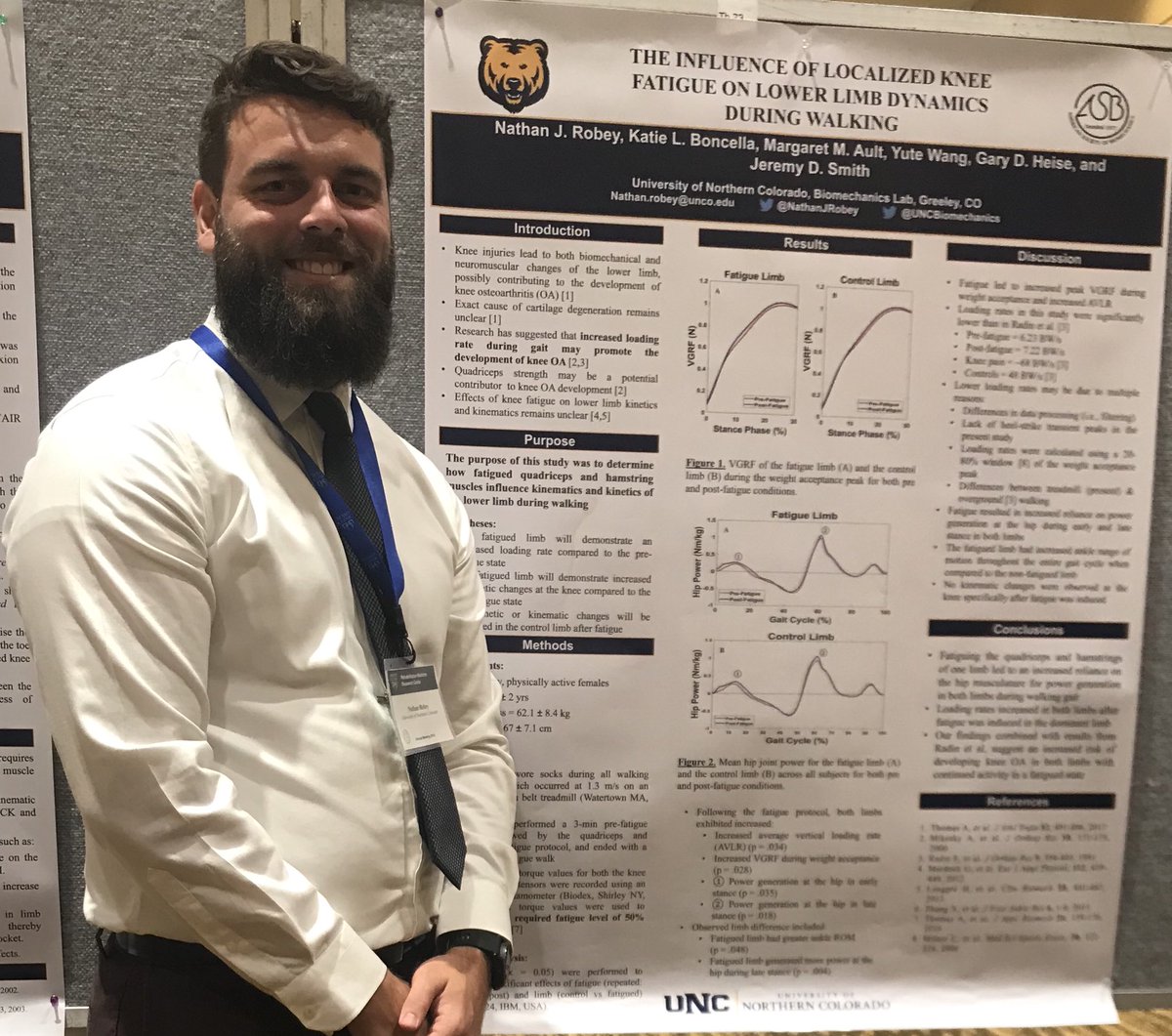UNCBiomechanics's tweet photo. @NathanJRobey presenting on the influence of localized knee fatigue on lower limb dynamics during walking at #ASB2018 #ASB42 https://t.co/59goXHBaSZ