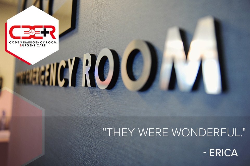 code3ER's tweet image. Erica, thank you for coming in to see us. We'll always be here for you and your family, 24/7.
“Dr. Brokish and Nurse Ashley were wonderful. They had the patience to go over my treatment options in full detail. Thank you #Code3ER.” - Erica
code3er.com