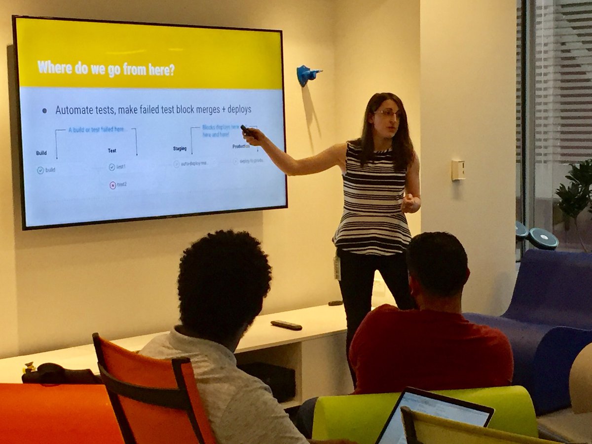 Hack_Diversity's tweet photo. “From Manual to Automagic” - Ashley, DevOps Engineer makes a case for why you should use continuous integration and continuous delivery in software engineering #hackdiversity x @datto #hackchat #skillsforlife #careerintegration https://t.co/6e0w5SAm4k