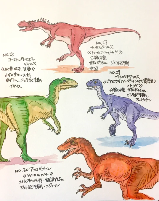 モノロフォサウルス。エウストレプトスポンディルス。ピアトニツキサウルス。アフロベナトル。
#恐竜 
#恐竜全種類描くチャレンジ 