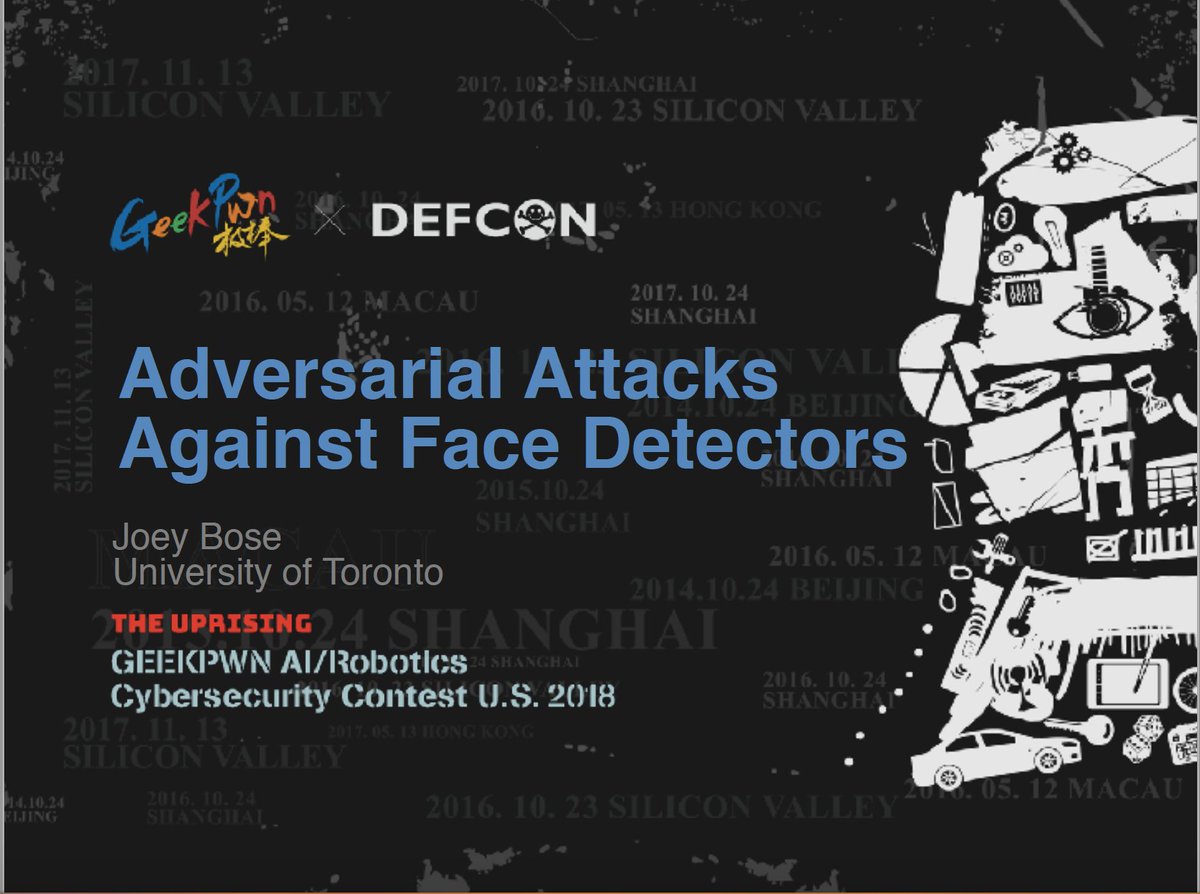 bose_joey's tweet image. I&apos;ll be giving a talk on how to break face detectors with Adversarial Attacks at @GeekPwn at #Defcon tomorrow. Here&apos;s a sneak preview of a perturbation that I used to attack my face! Consider coming to the talk for more cool perturbations.