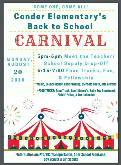 Calling all Conder families! We hope to see you all at our Back to School Carnival! @PaulaChina1 <a href="/TammerRoberts/">Tammer Roberts</a> @WillieAP34 <a href="/RegiStrick/">Regi Strickland</a>