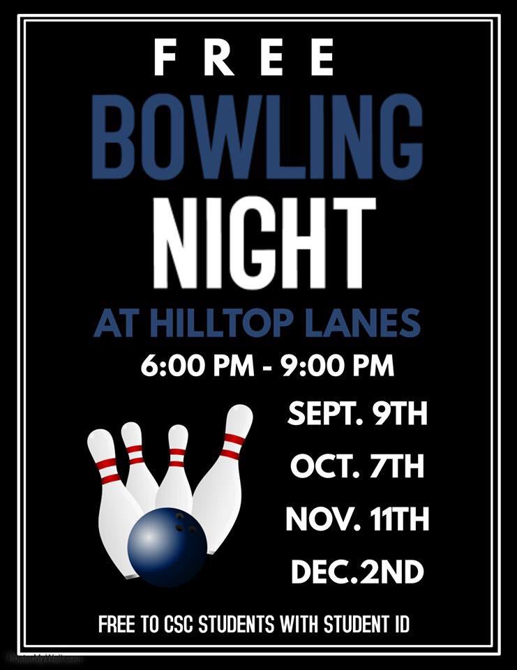 csccab's tweet image. Have you been missing free movie nights and free bowling nights? CAB is excited to announce the Fall 2018 dates for these events! 

A special thank you is extended to the Eagle Theatre and Hilltop Lanes as always!