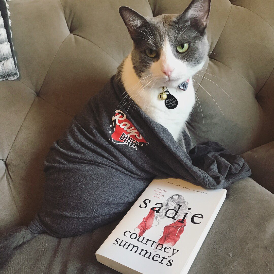 gmarie729's tweet photo. This furry book lover and book swag model Ziggy Pawdust wants to remind you that Sadie is on sale 9.4 #NationalBookLoversDay #FindSadie #readsadie #YAlit #macmillanbookbrag @courtney_s @WednesdayBooks https://t.co/z4qRlIfr1j