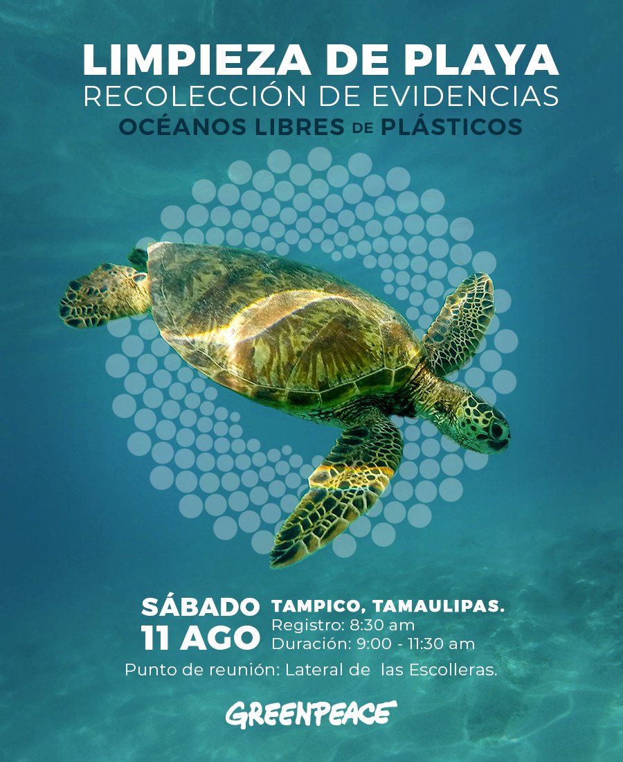 MIs amigos de <a href="/greenpeacemx/">Greenpeace México</a> te convocan a sumarte a la limpieza de la playa Miramar en Tampico, Tamaulipas este sábado 11 de agosto de 8:30 a 11:30 a.m. Liberémonos del plástico #BreakFreeFromPlastic #ttst 
Para más información:
act.gp/Samo_brand6
act.gp/SAMO_audiplaya