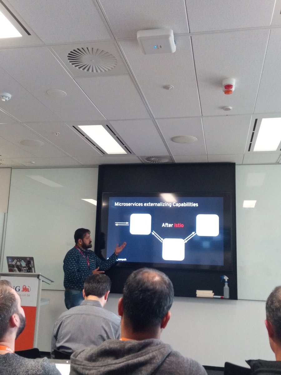 JeffHanlen's tweet photo. @kamesh_sampath delivers the Istio service mesh story to the ING team, as part of the Developer Experience roadshow. #rhdevelopers #Microservices #istio https://t.co/4OKtqz4xtQ