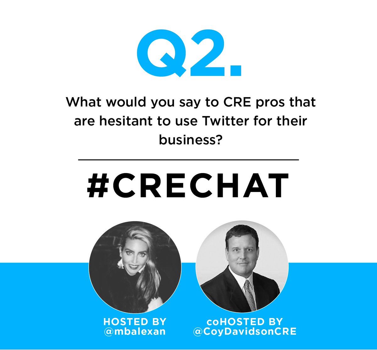 CREchatLIVE's tweet photo. Q2. What would you say to CRE pros that are hesitant to use Twitter for their business? #CREchat https://t.co/XYnp8Nv6l7