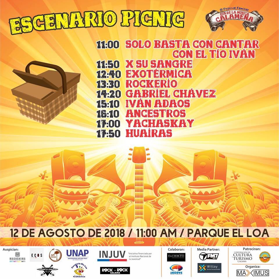 MaximusCalama's tweet photo. 🔥💥[ LINEUP ] 💥🔥

✅Ya puedes revisar el lineup del III Festival Familiar "Día de la Música Calameña", para que te organices y vayas a apoyar a tu artista o banda favorita. 🤟

¡Ya sabes! Domingo 12 de agosto / 11:00 hrs / Parque El Loa / #Calama https://t.co/485Onau7vc