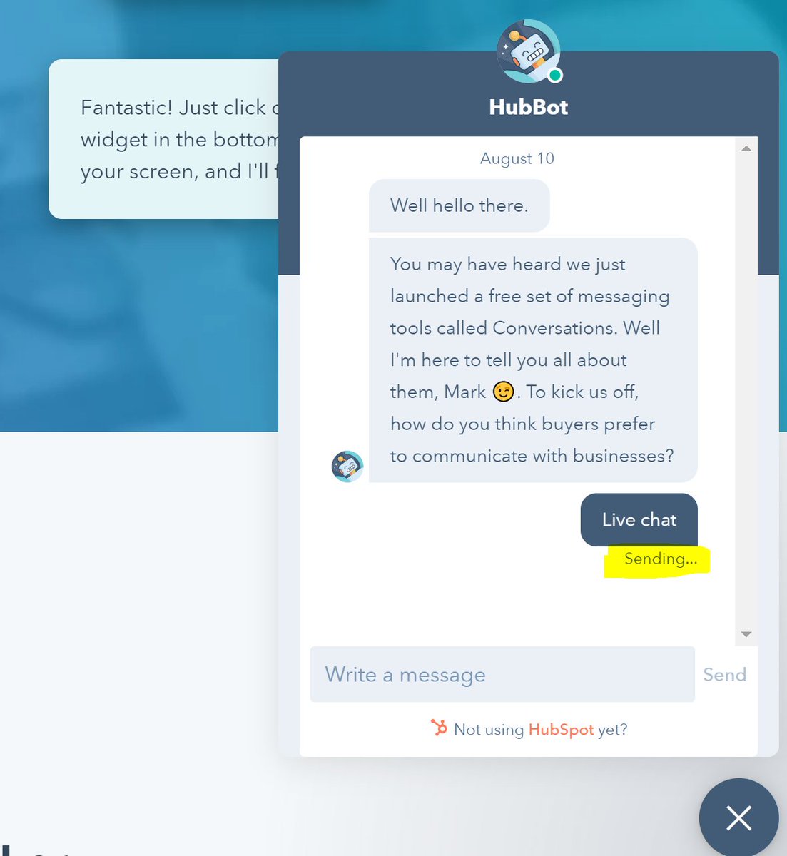 _Mark_Lewis's tweet photo. @HubSpotSupport Hey guys - I think your HubBot is taking a nap :) when I try to have a play he gets stuck at sending.... https://t.co/c8n8SyQCb2